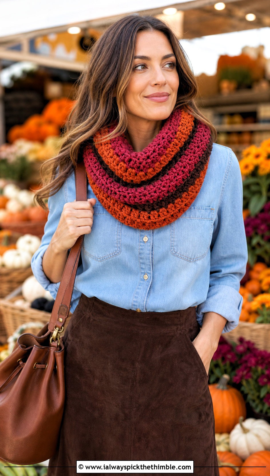 Striped Bulky Crochet Cowl With Denim Shirt - 20 Bulky Crochet Cowl outfit ideas