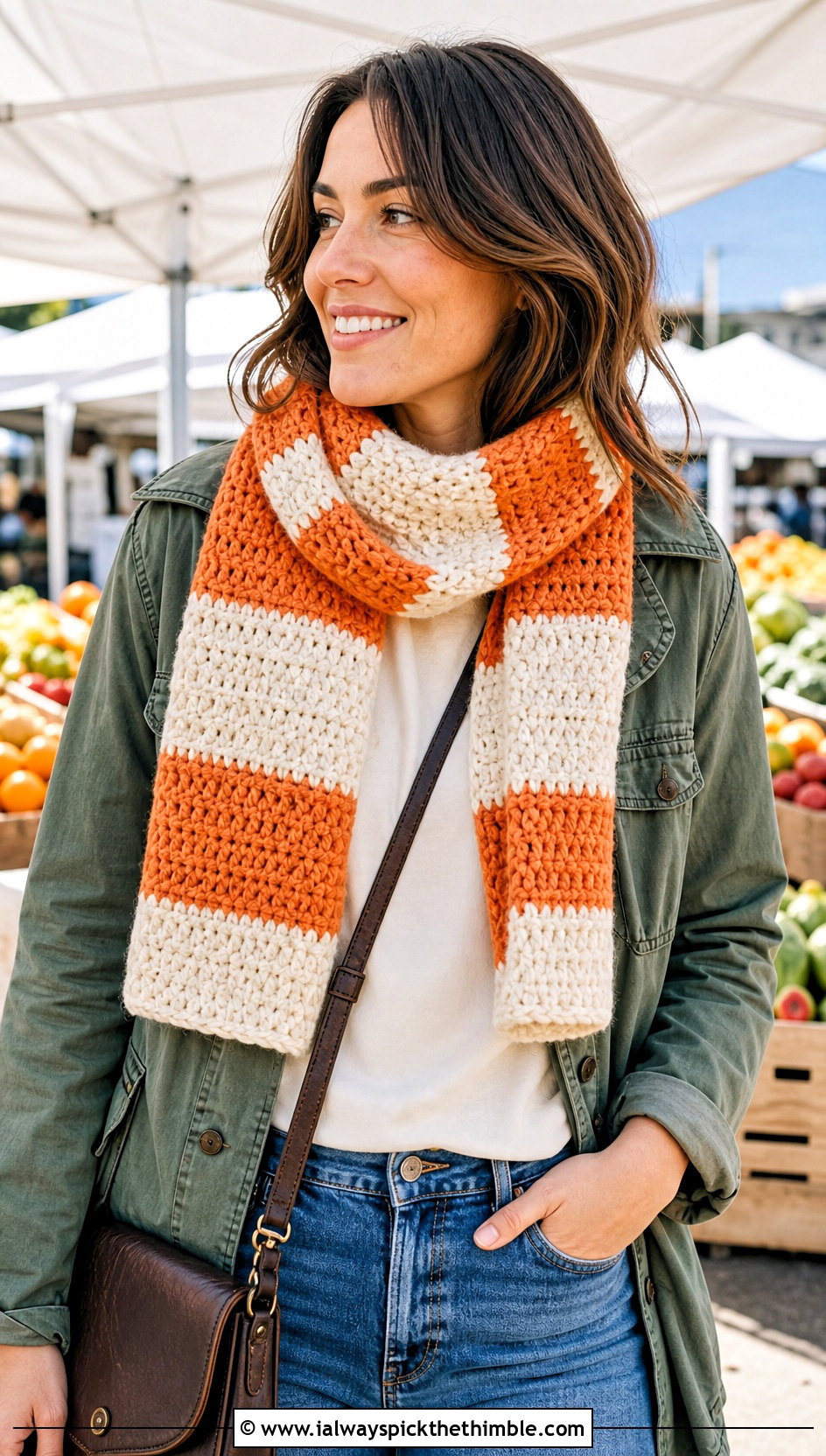 Striped Bulky Crochet Scarf With Utility Jacket - 20 bulky crochet scarf outfit ideas