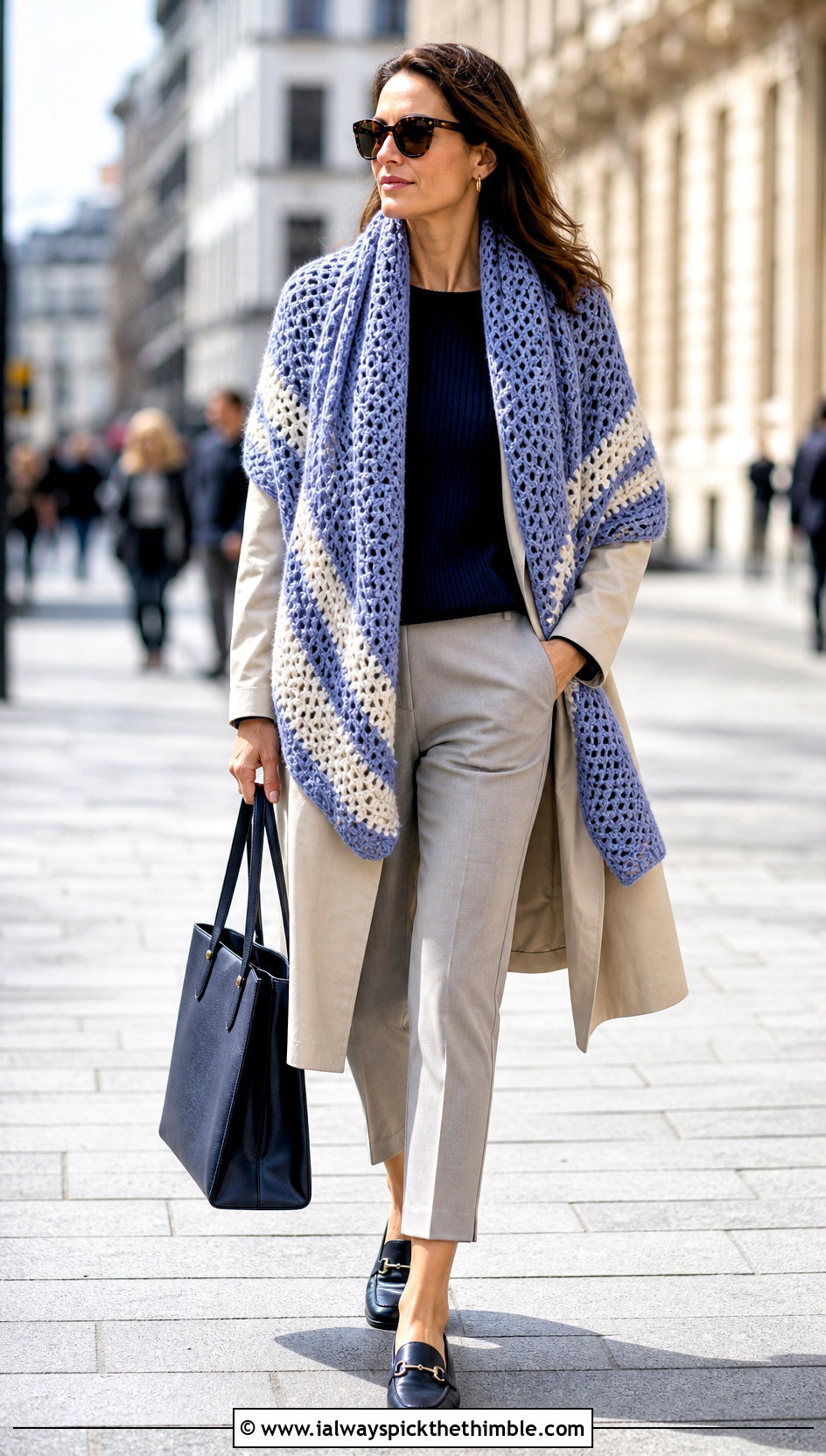 Striped Bulky Yarn Crochet Shawl With Trench Coat - 20 Bulky Yarn Crochet Shawl outfit ideas