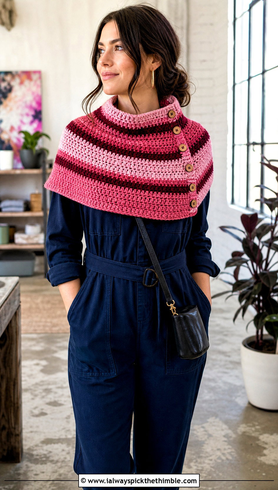 Striped Button Cowl With Utility Jumpsuit - 20 crochet button cowl outfit ideas