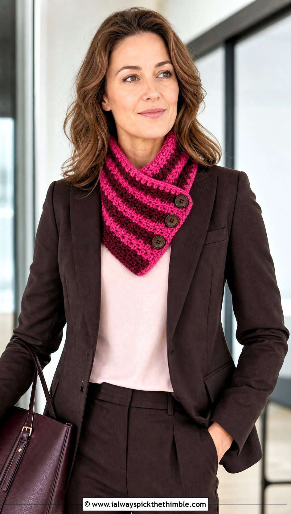 Striped Buttoned Crochet Cowl With Pantsuit - 15 striped crochet cowl outfit ideas