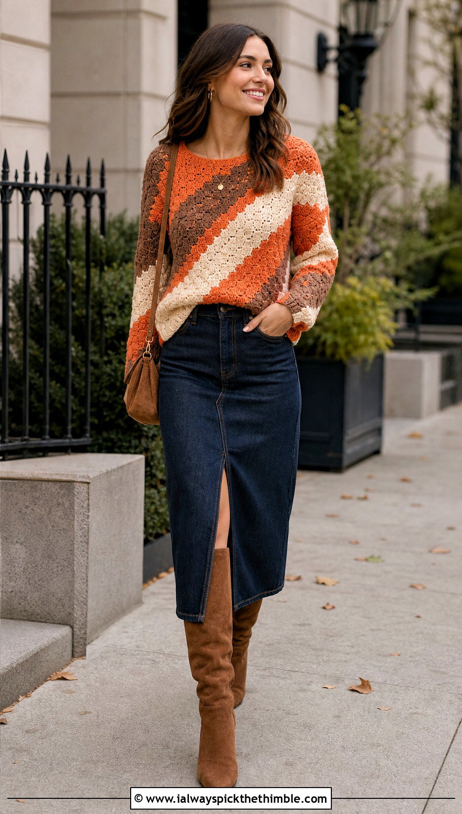 Striped C2C Crochet Sweater With Denim Midi Skirt - 20 c2c crochet sweater outfit ideas