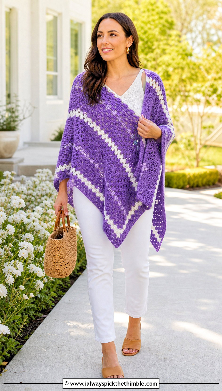 Striped C2C Poncho With White Denim - 15 Crochet C2C Poncho outfit ideas