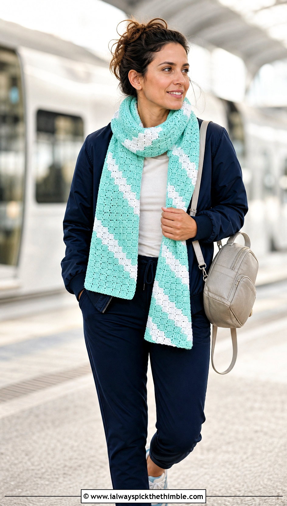 Striped C2C Scarf With Bomber Jacket And Track Pants - 25 c2c crochet scarf outfit ideas