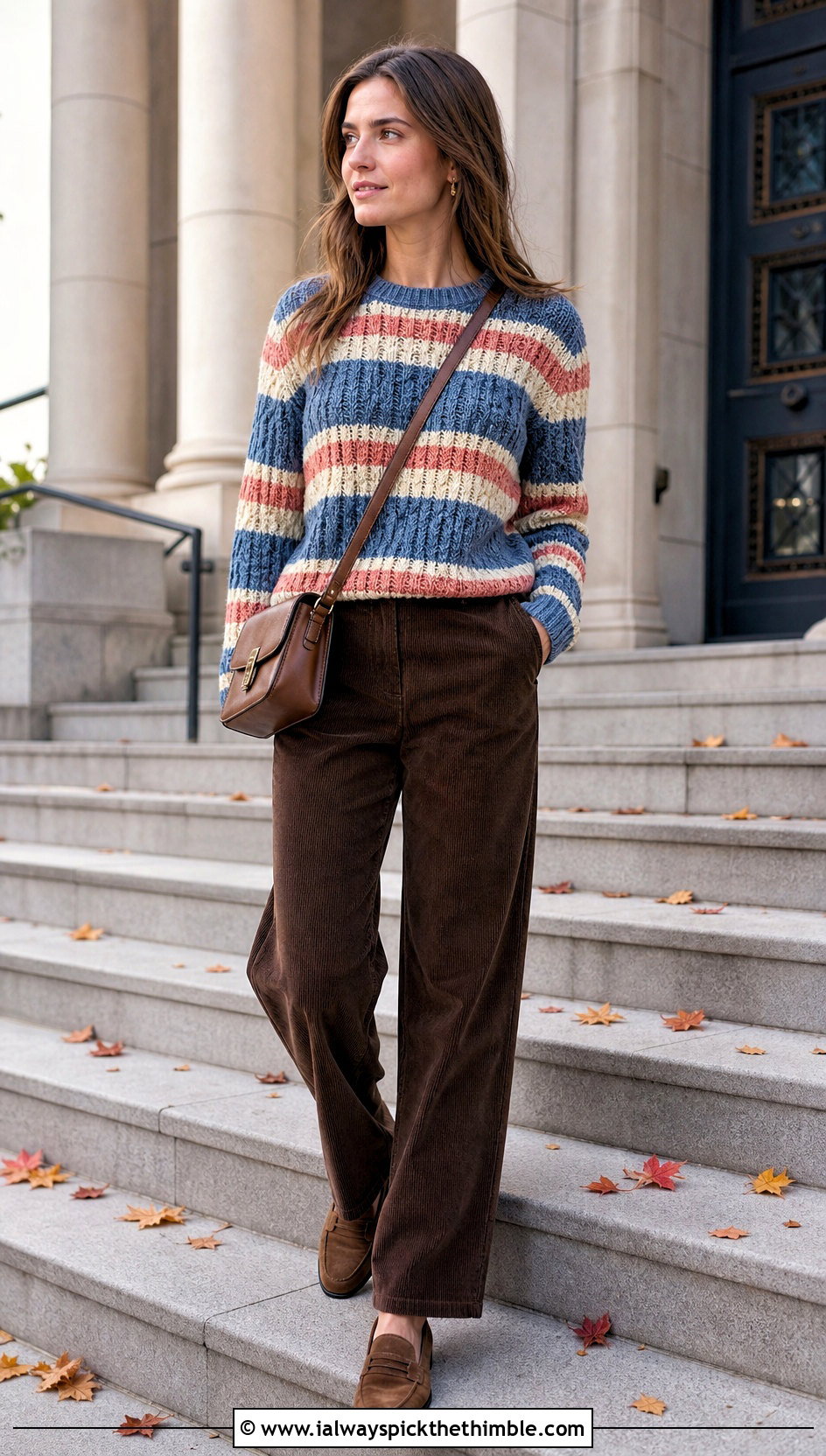 Striped Cable Fisherman Crochet Sweater With Corduroy Pants - 20 Fisherman Crochet Sweater outfit ideas