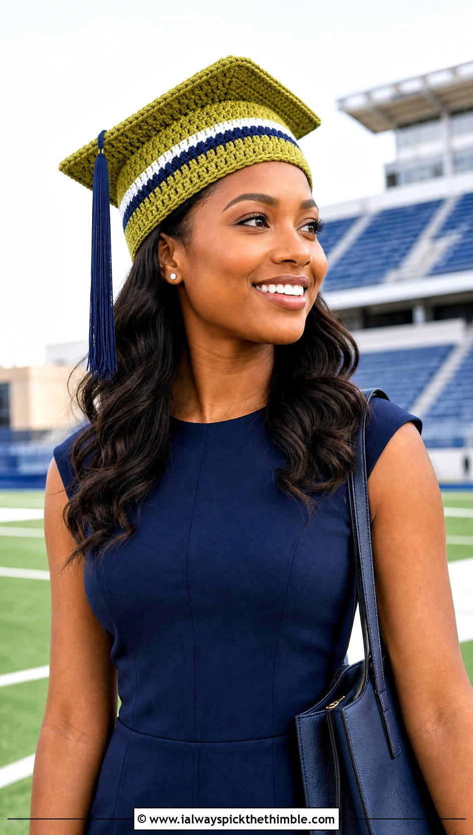 Striped Cap Cover With Classic Shift Dress - 20 crochet graduation cap cover outfit ideas