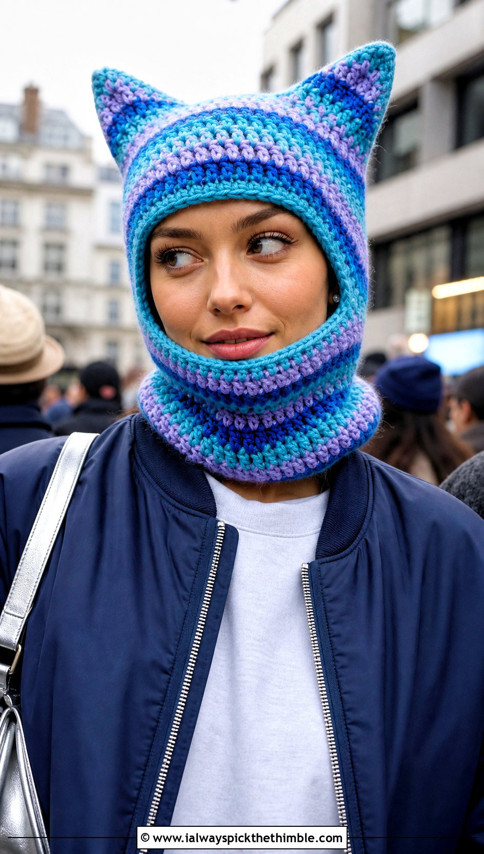 Striped Cat Ear Crochet Balaclava With Bomber Jacket - 15 Striped Crochet Balaclava outfit ideas
