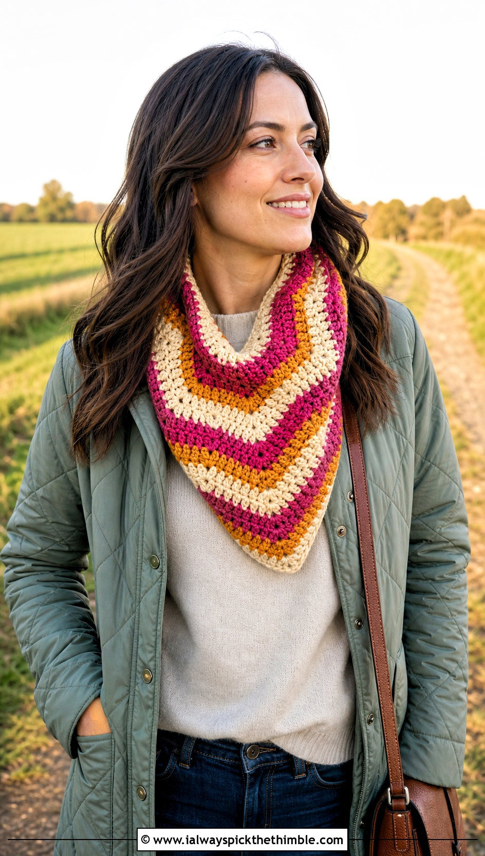 Striped Chevron Crochet Cowl With Quilted Jacket - 15 striped crochet cowl outfit ideas