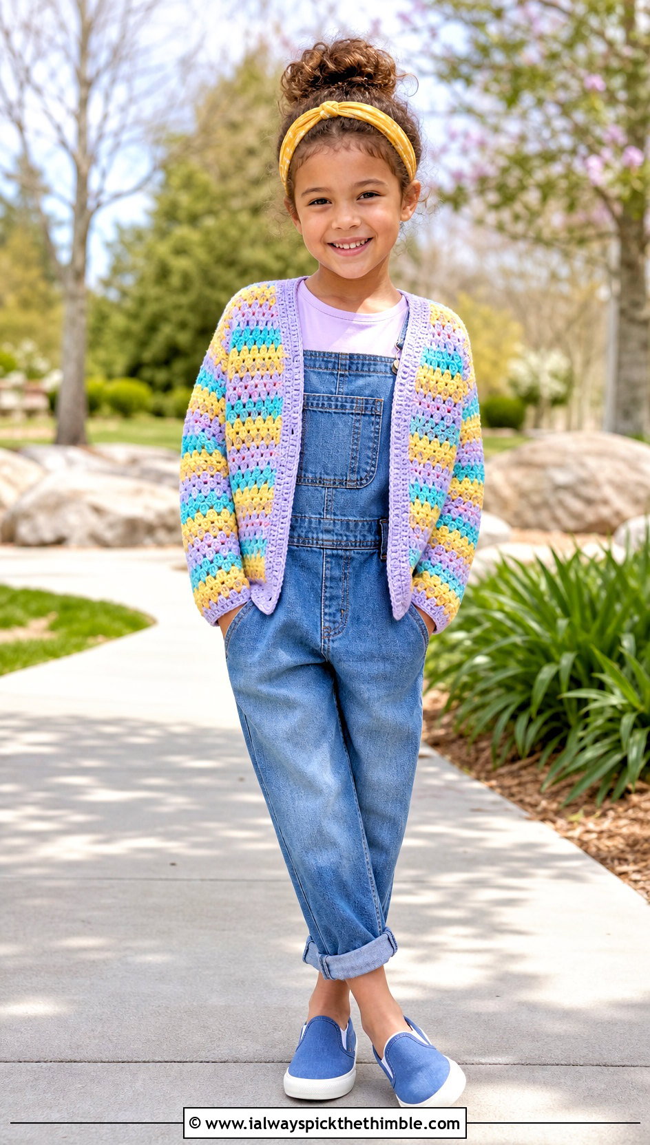 Striped Childs Hexagon Cardigan With Denim Overalls - 15 Crochet Childs Hexagon Cardigan outfit ideas