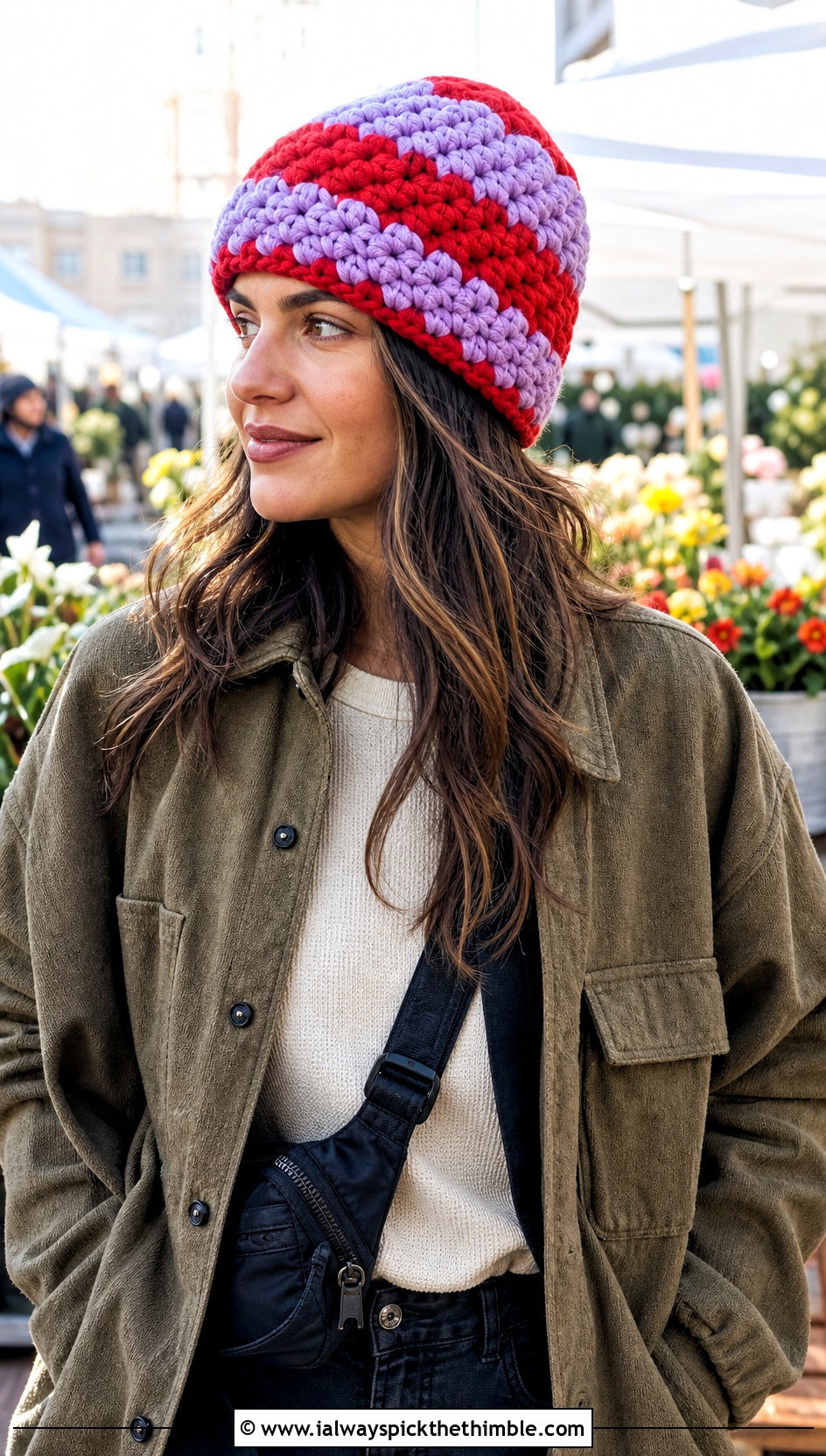 Striped Chunky Beanie With Shacket And Utility Jeans - 15 Crochet Beanie With Super Bulky Yarn outfit ideas