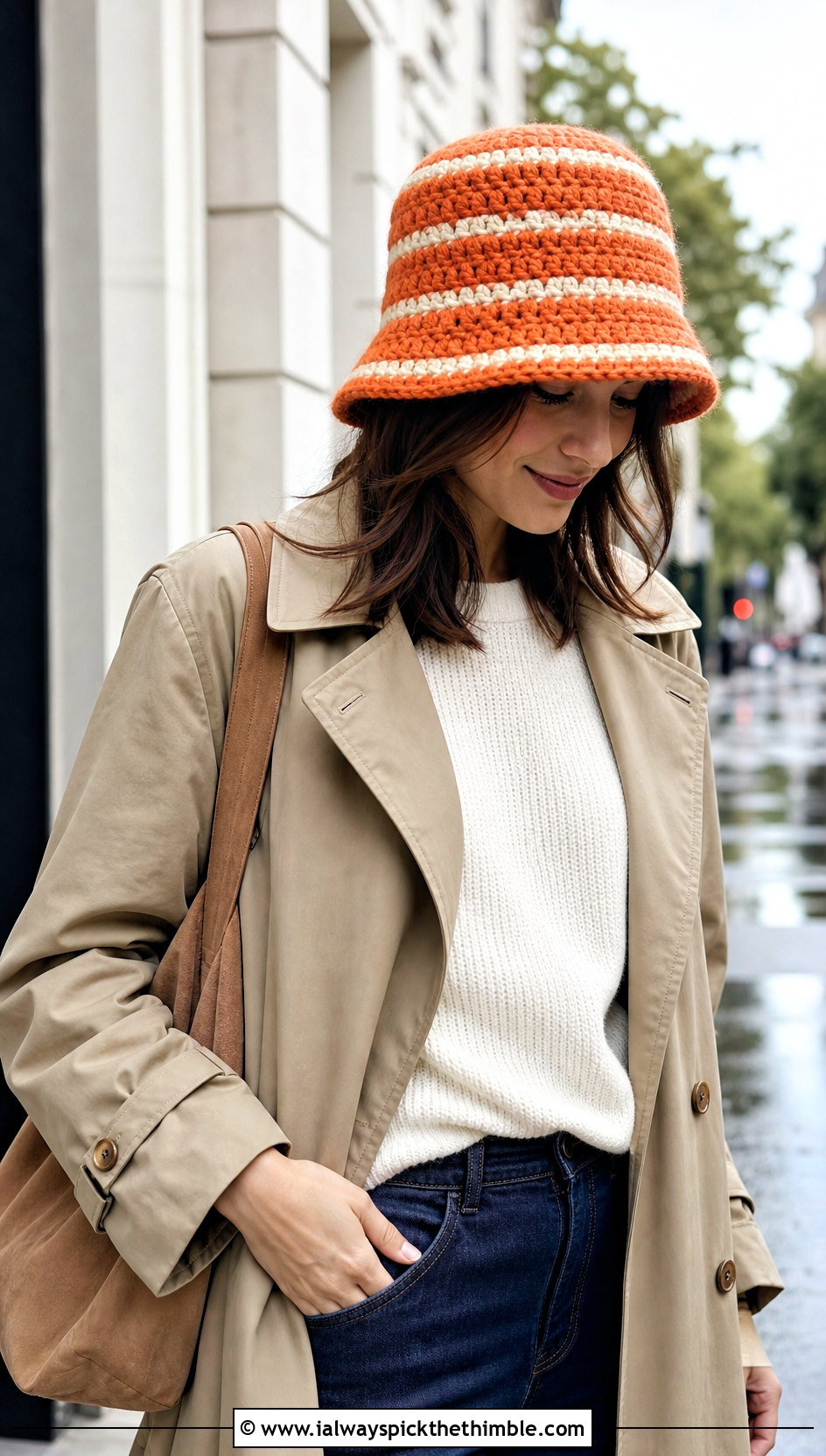 Striped Chunky Crochet Bucket Hat With Trench Coat - 20 Chunky Crochet Bucket Hat outfit ideas