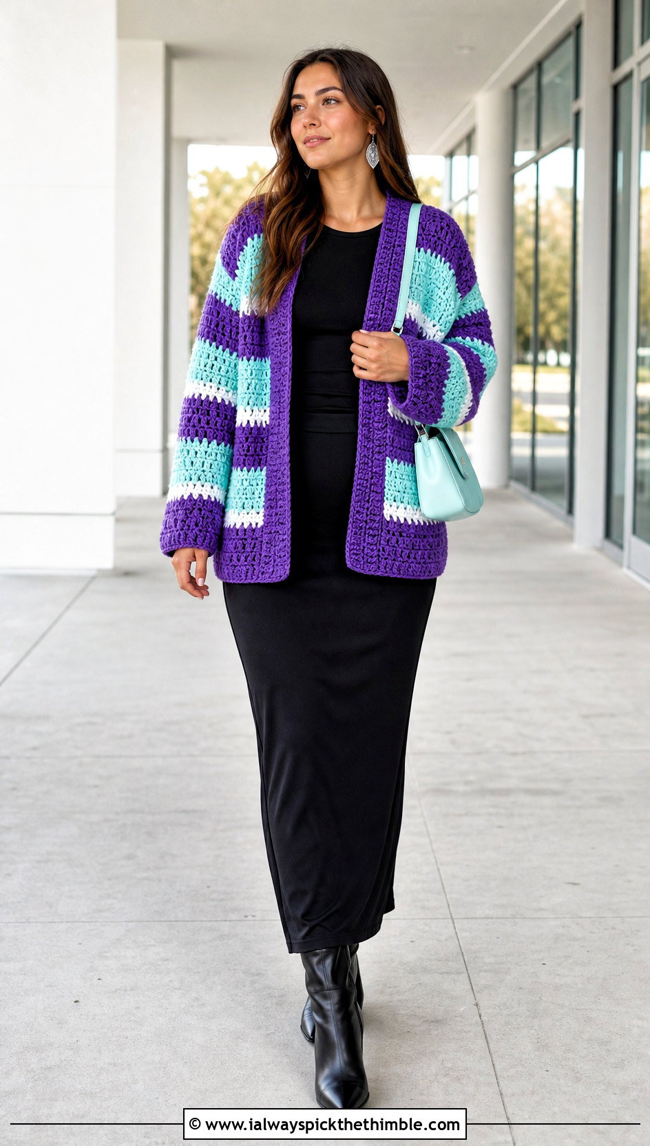 Striped Chunky Crochet Cardigan With Black Maxi Skirt - 25 chunky crochet cardigan outfit ideas