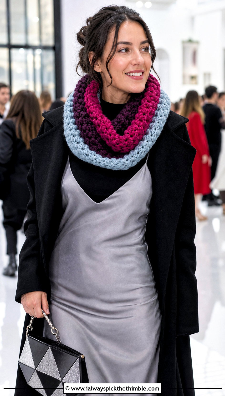 Striped Chunky Crochet Cowl With Slip Dress - 15 striped crochet cowl outfit ideas