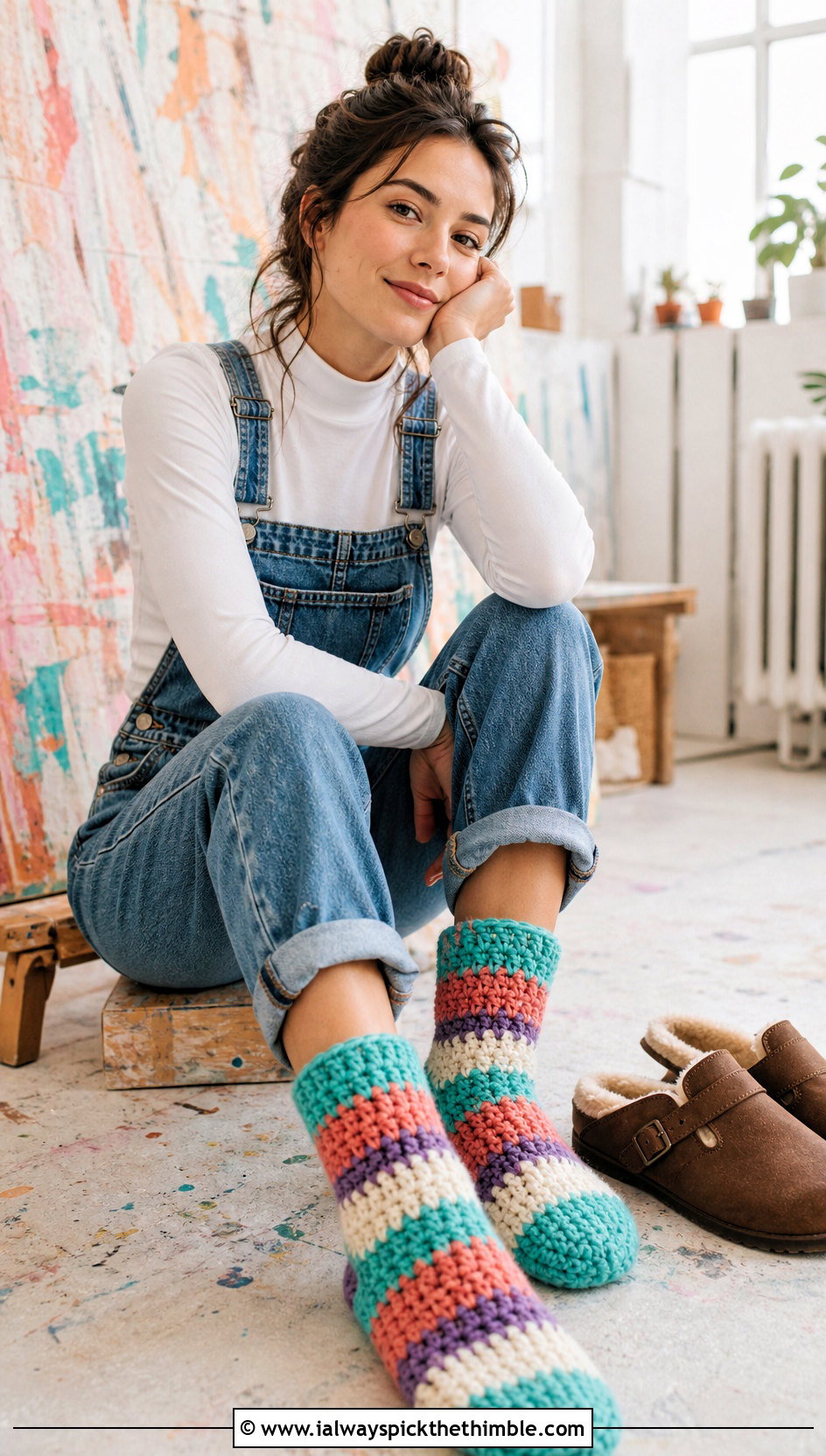 Striped Chunky Crochet House Socks With Denim Overalls - 20 Chunky Crochet Socks outfit ideas