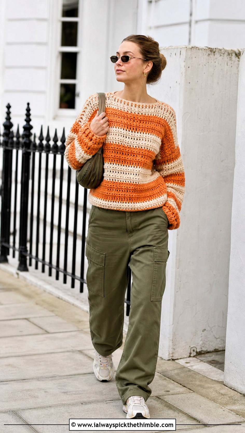 Striped Chunky Crochet Jumper With Cargo Pants - 25 chunky crochet jumper outfit ideas