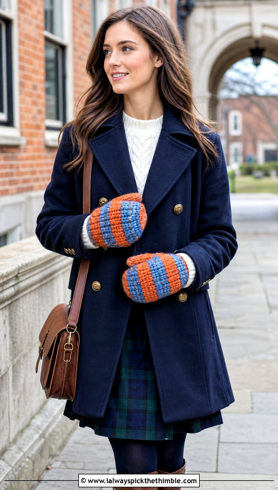 Striped Chunky Crochet Mittens With Peacoat and Plaid Skirt - 20 Chunky Yarn Crochet Mittens outfit ideas
