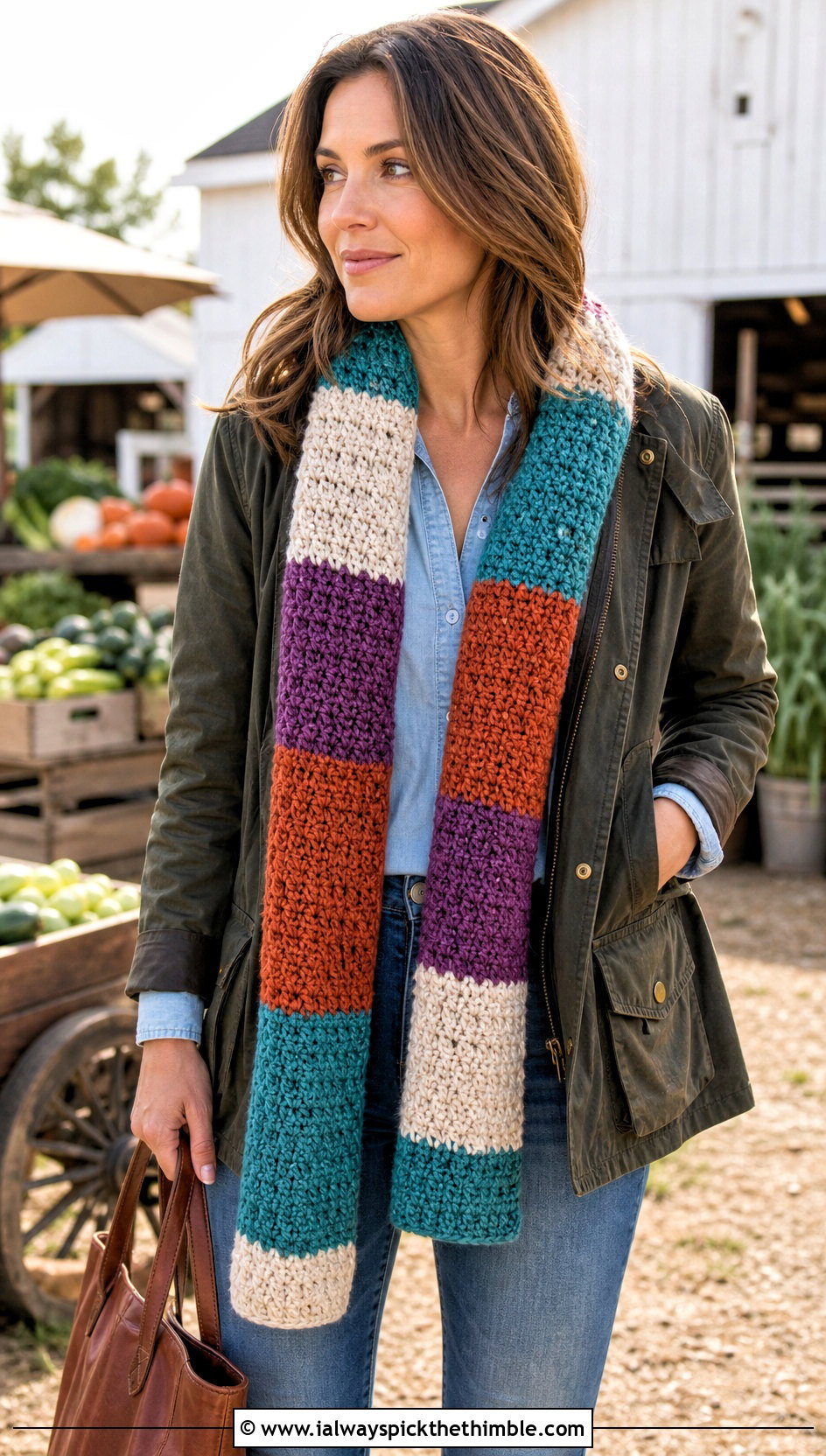 Striped Chunky Crochet Scarf With Barn Jacket - 25 chunky crochet scarf outfit ideas