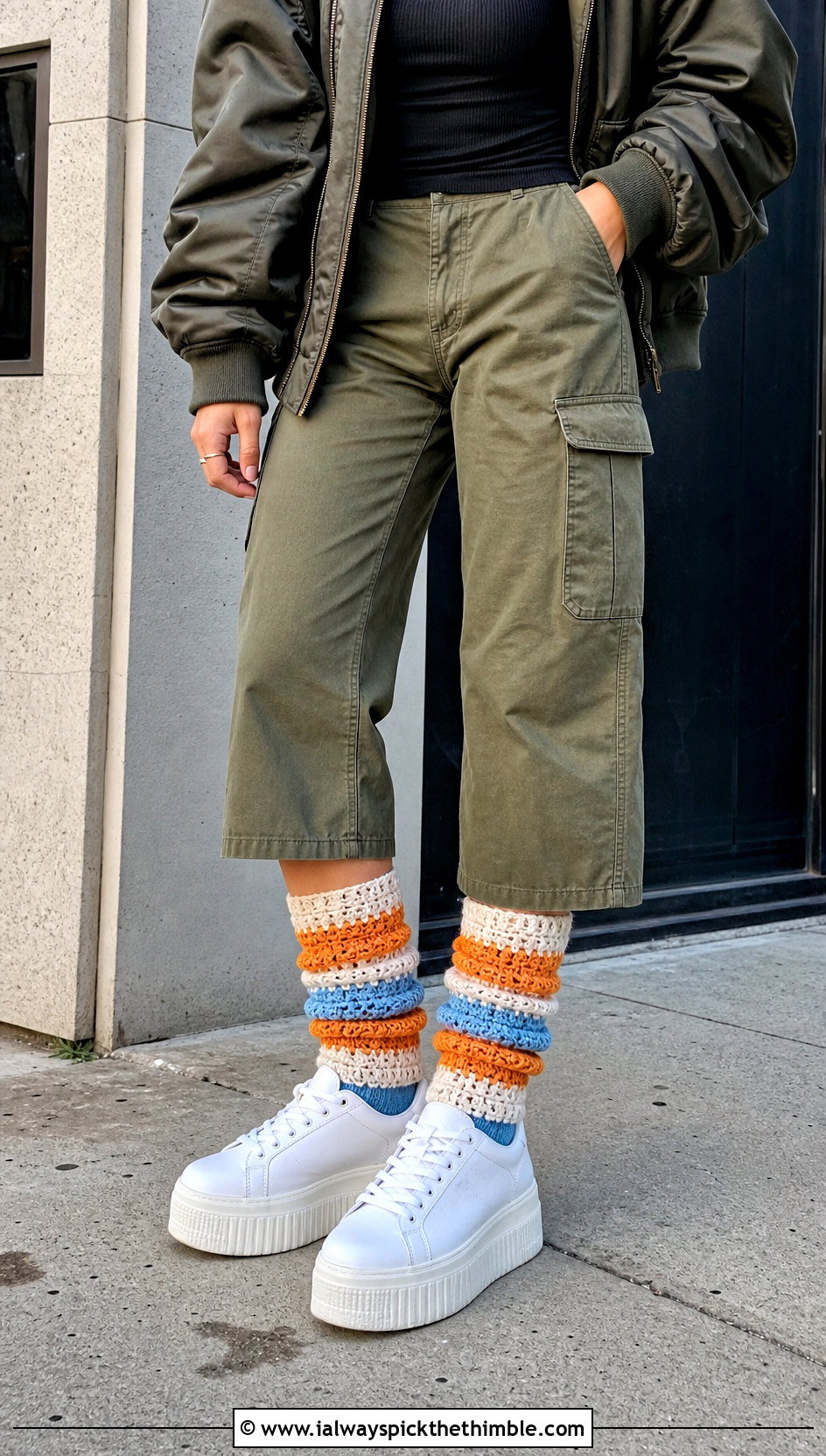 Striped Chunky Crochet Slouch Socks With Cargo Pants - 15 crochet sock chunky yarn outfit ideas