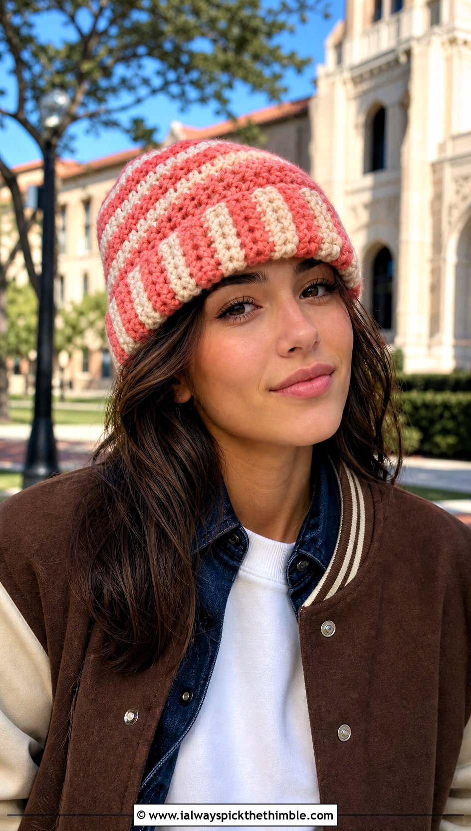 Striped Chunky Ribbed Crochet Hat With Varsity Jacket - 20 Chunky Ribbed Crochet Hat outfit ideas