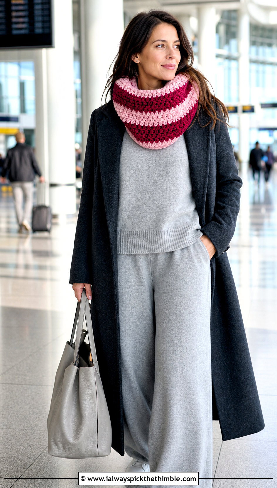 Striped Chunky Yarn Crochet Cowl With Matching Knit Set And Sneakers - 20 Chunky Yarn Crochet Cowl outfit ideas