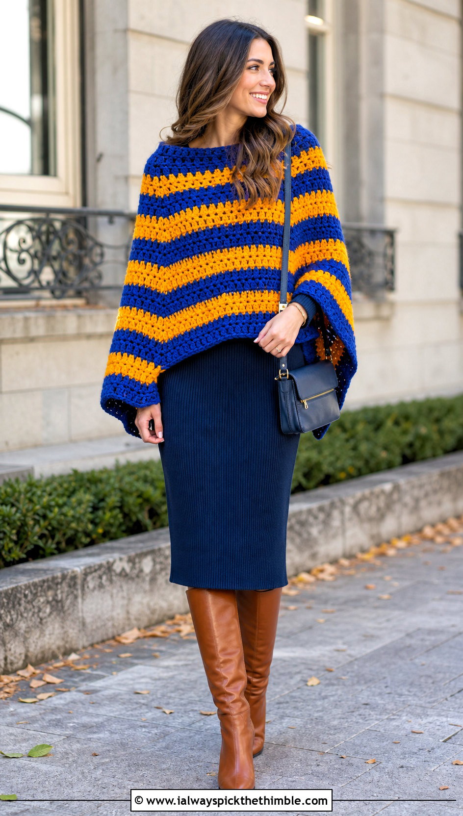 Striped Chunky Yarn Crochet Poncho With Knit Dress - 20 Chunky Yarn Crochet Poncho outfit ideas