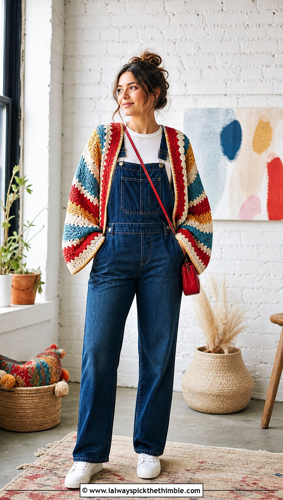 Striped Circular Jacket With Denim Overalls - 15 Crochet Circular Jacket outfit ideas