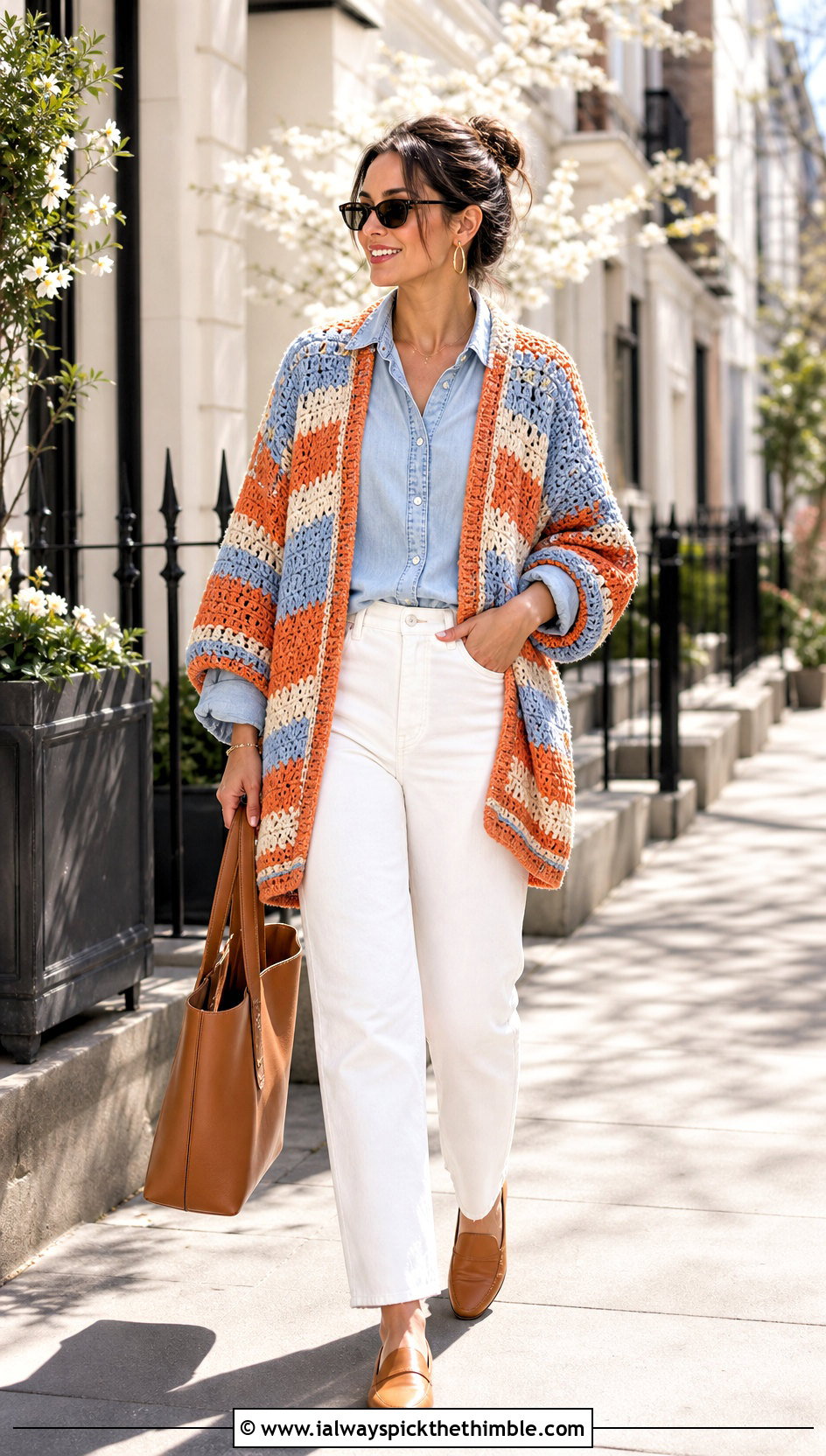 Striped Cocoon Crochet Cardigan With Denim Shirt And White Jeans - 20 Cocoon Crochet Cardigan outfit ideas