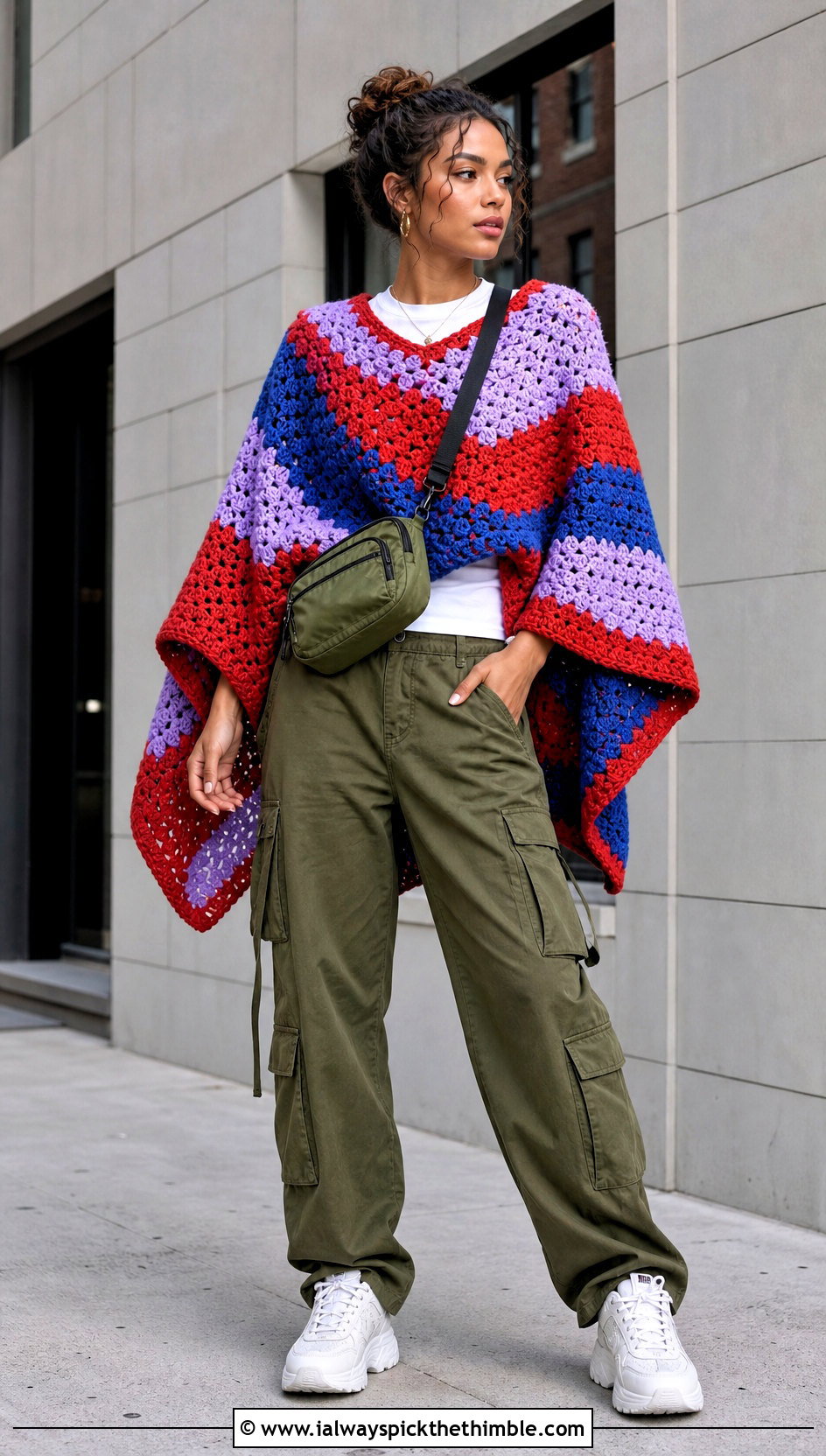 Striped Color Block Chunky Crochet Poncho With Cargo Pants - 20 Chunky Crochet Poncho outfit ideas