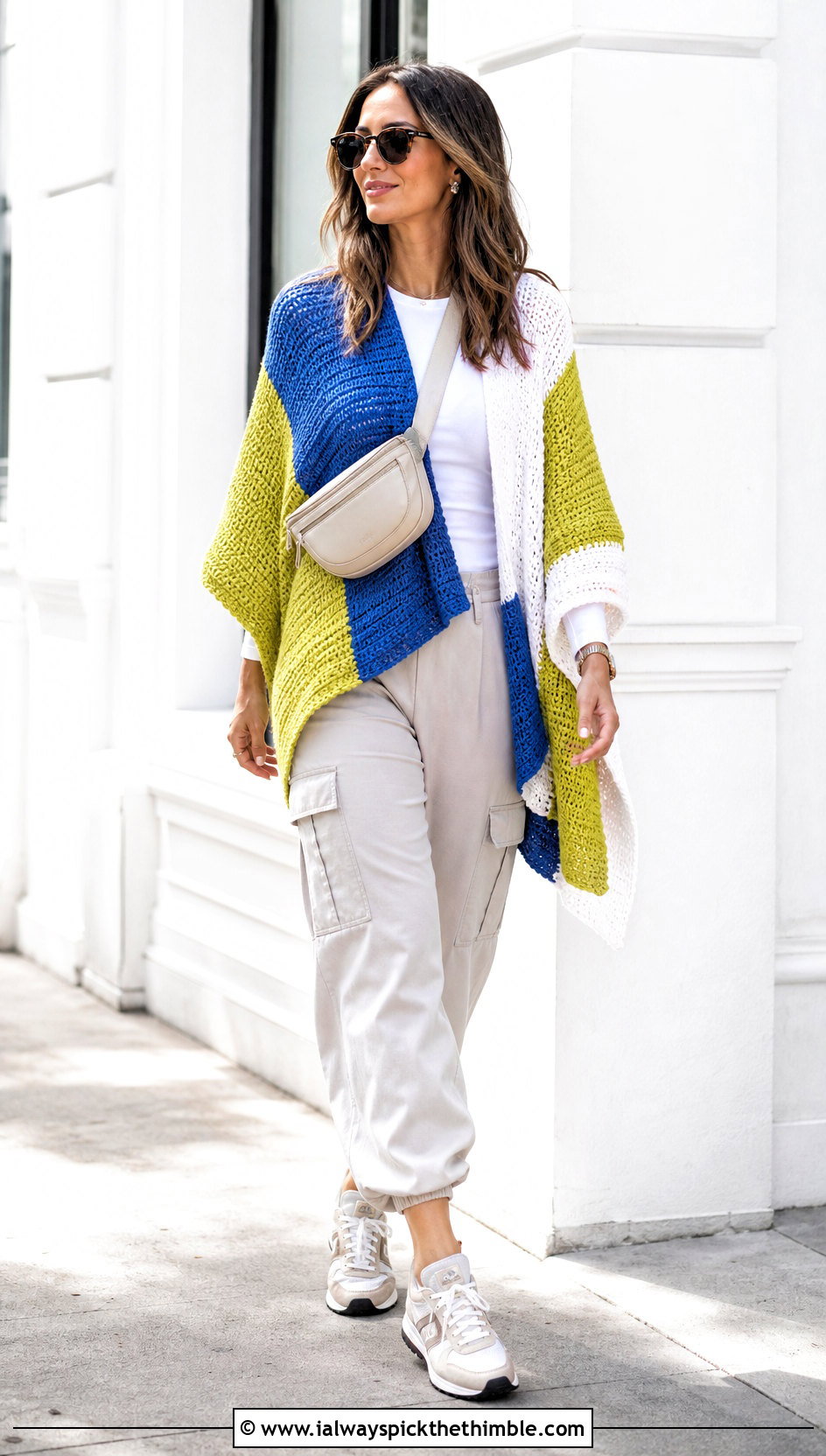 Striped Color Block Crochet Poncho With Cargo Pants - 25 crochet poncho woman outfit ideas
