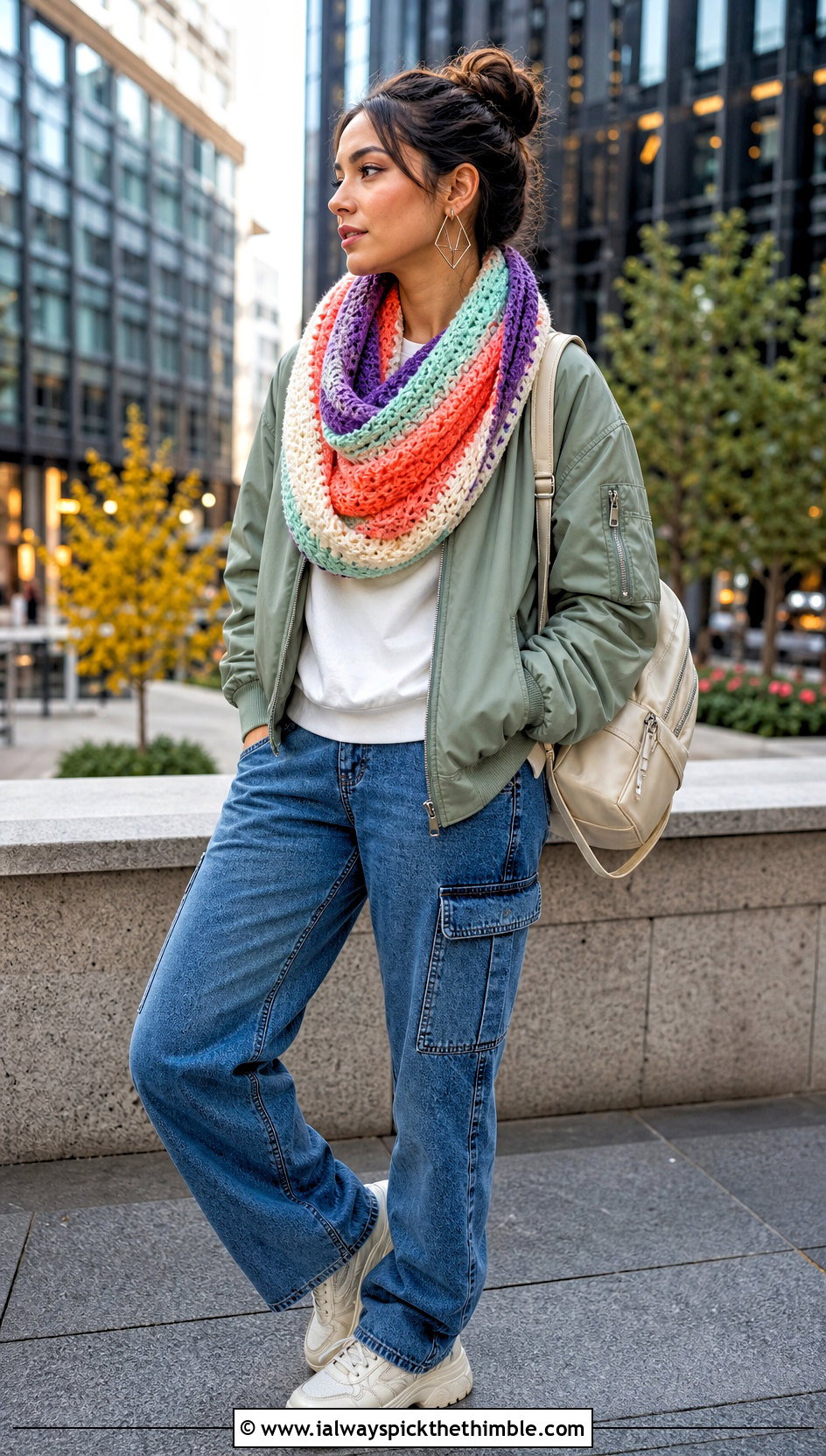 Striped Color Block Infinity Crochet Scarf With Bomber Jacket - 15 Infinity Crochet Scarf outfit ideas