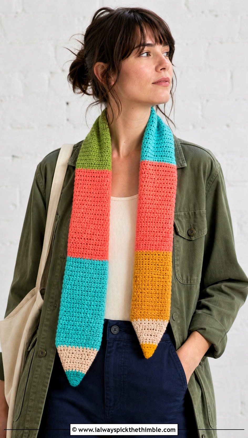Striped Colored Pencil Crochet Scarf With Chore Jacket - 20 Pencil Crochet Scarf outfit ideas