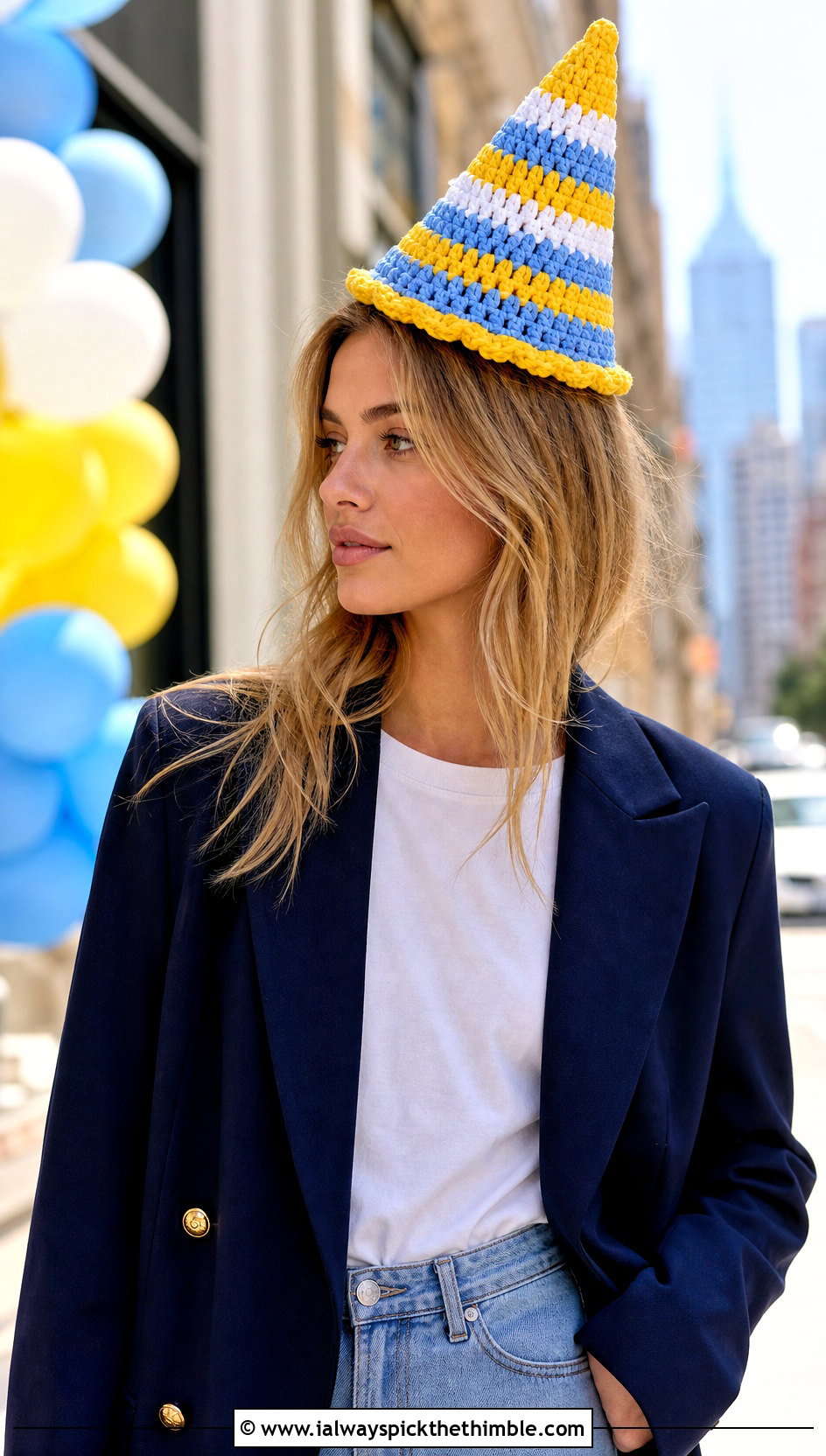 Striped Cone Crochet Birthday Hat With Jeans And Blazer - 20 Birthday Crochet Hat outfit ideas