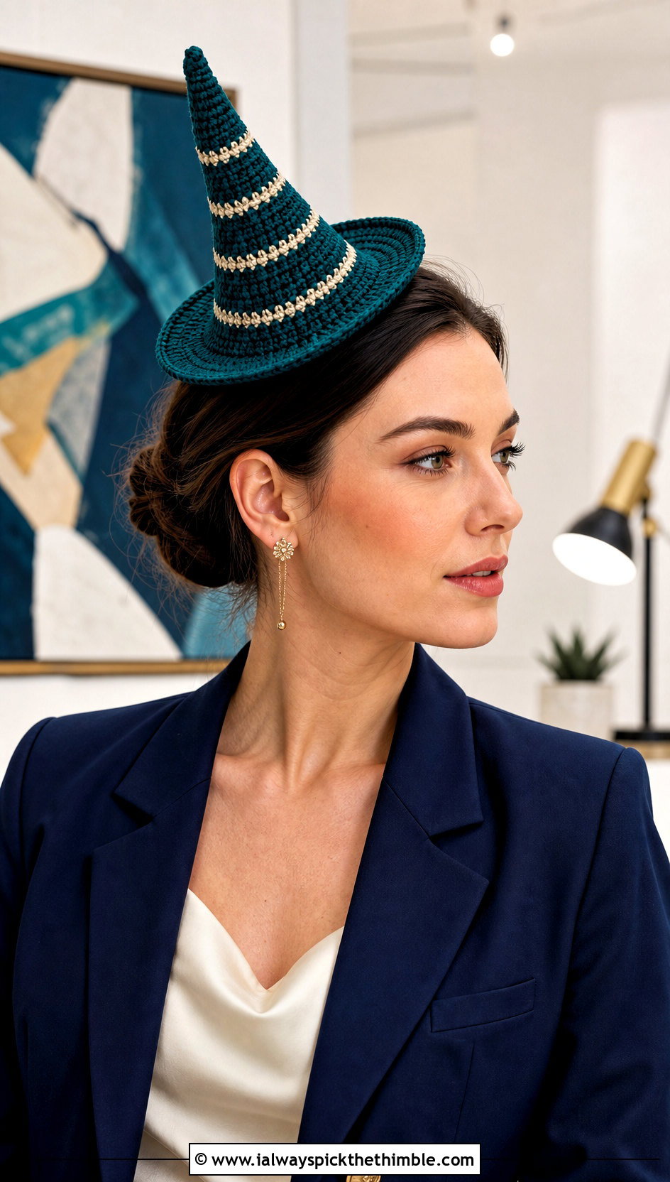 Striped Cone Crochet Mini Witch Hat Fascinator With Tailored Suit - 20 Crochet Mini Witch Hat outfit ideas