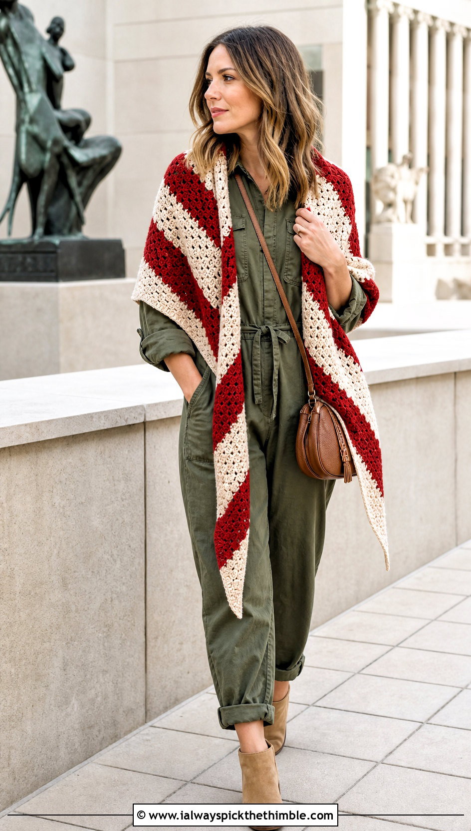 Striped Corner To Corner Crochet Shawl With Utility Jumpsuit - 15 Corner To Corner Crochet Shawl outfit ideas