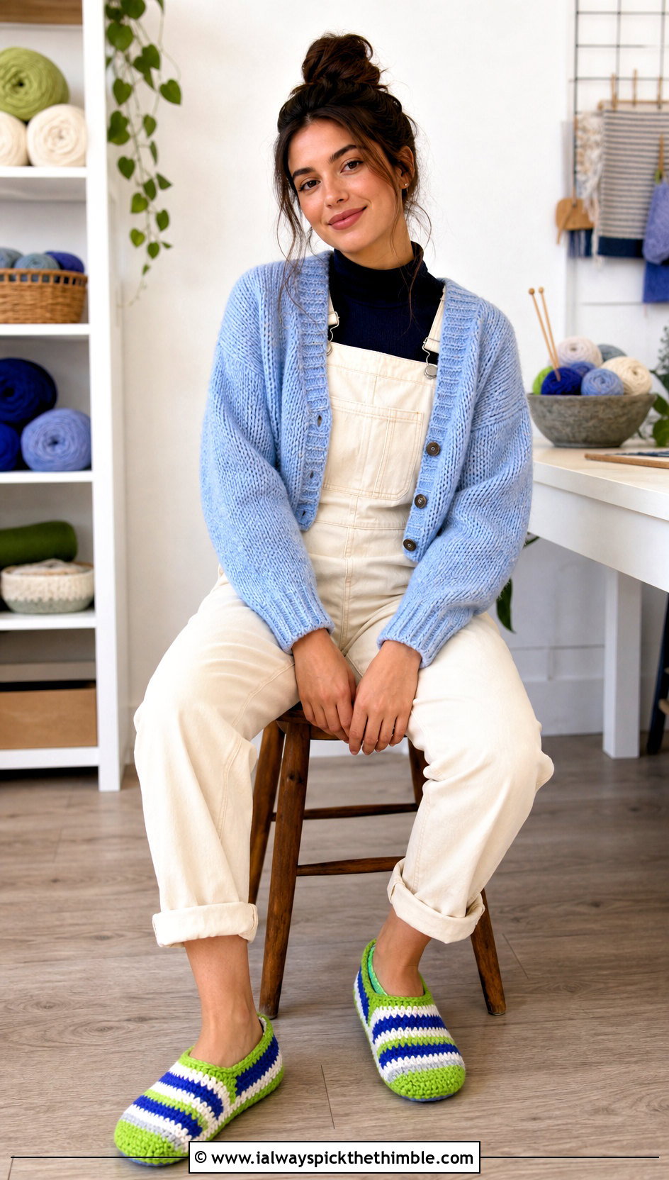 Striped Cottage Crochet Slippers With Overalls - 15 cottage crochet slippers outfit ideas
