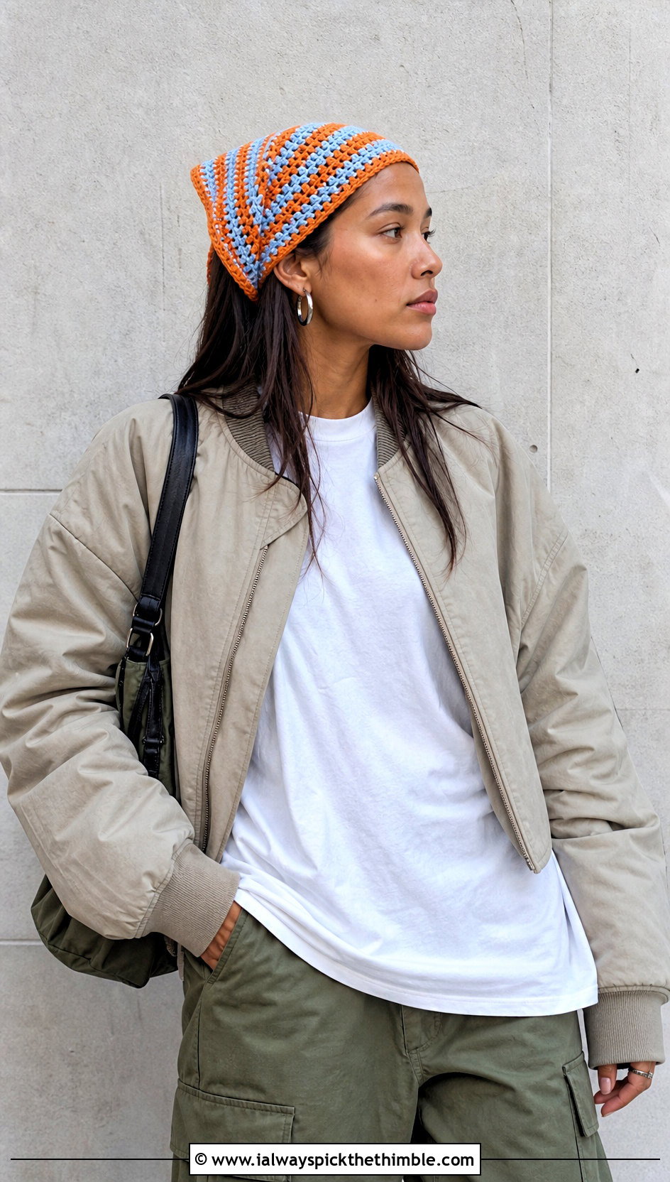 Striped Cotton Bandana Crochet Scarf With T Shirt And Cargo Pants - 20 Bandana Crochet Scarf outfit ideas