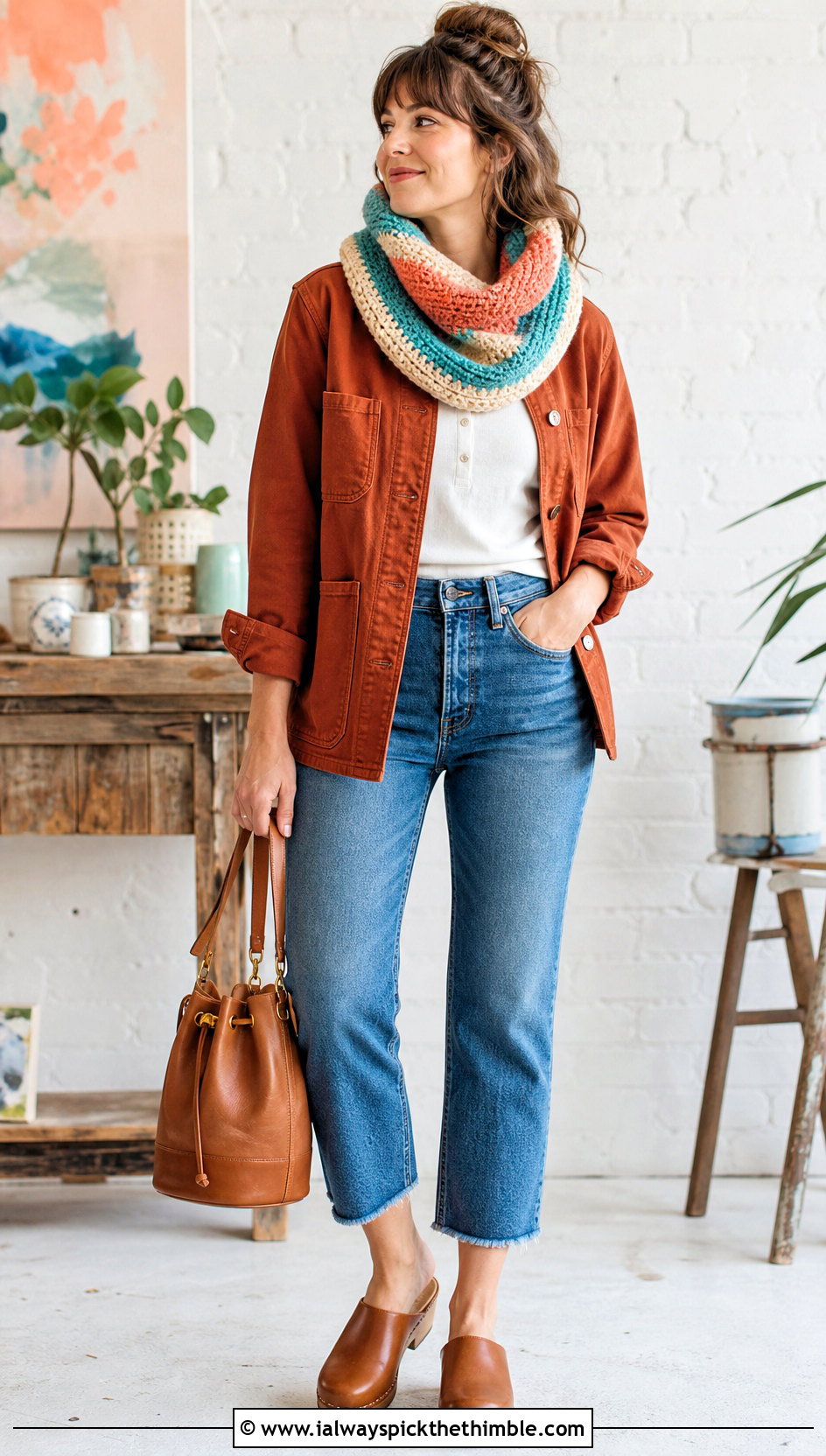 Striped Cowl Neck Crochet Scarf With Chore Jacket - 20 Cowl Neck Crochet Scarf outfit ideas