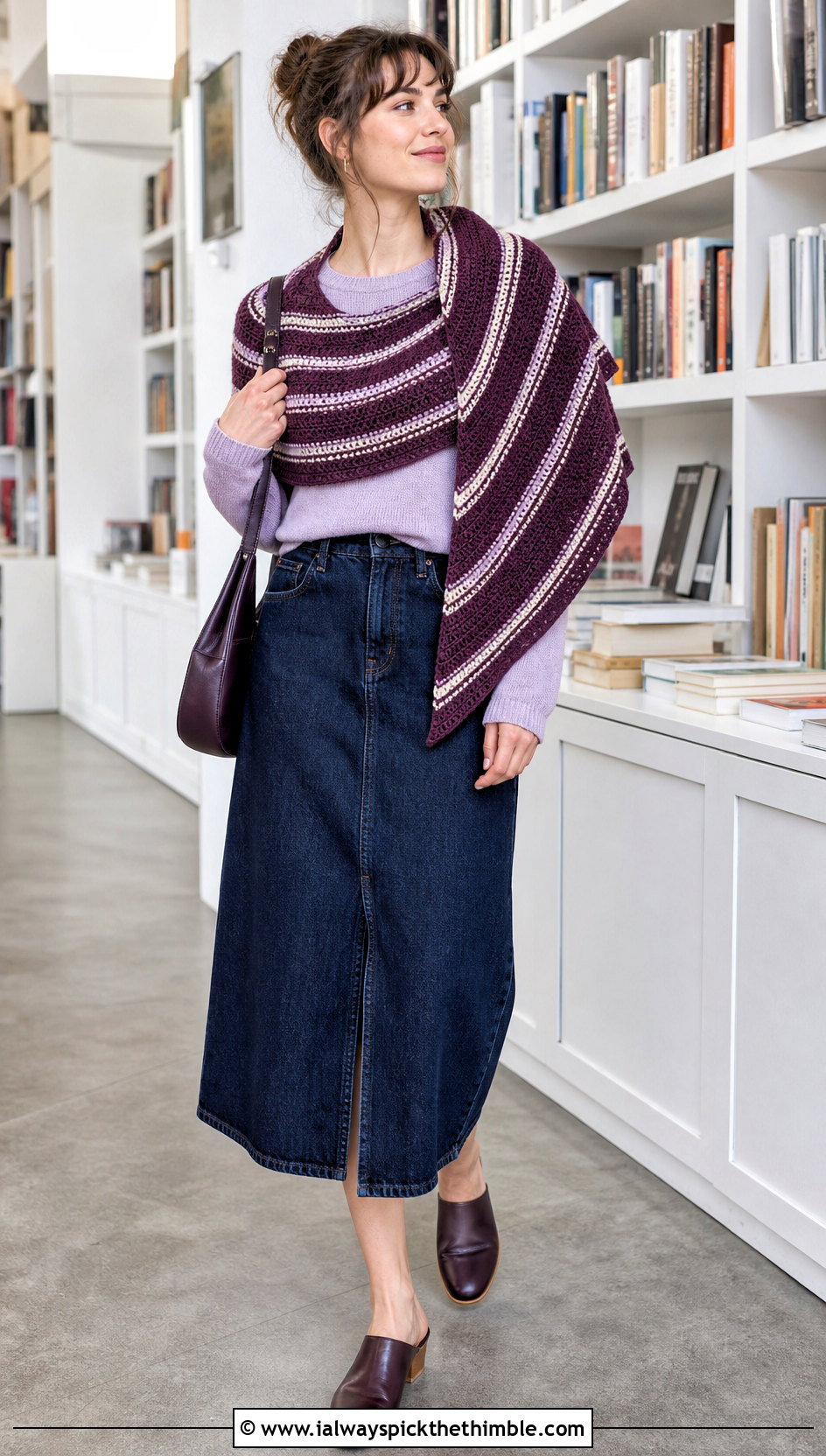 Striped Crescent Crochet Shawl With Denim Midi Skirt - 20 Crescent Crochet Shawl outfit ideas
