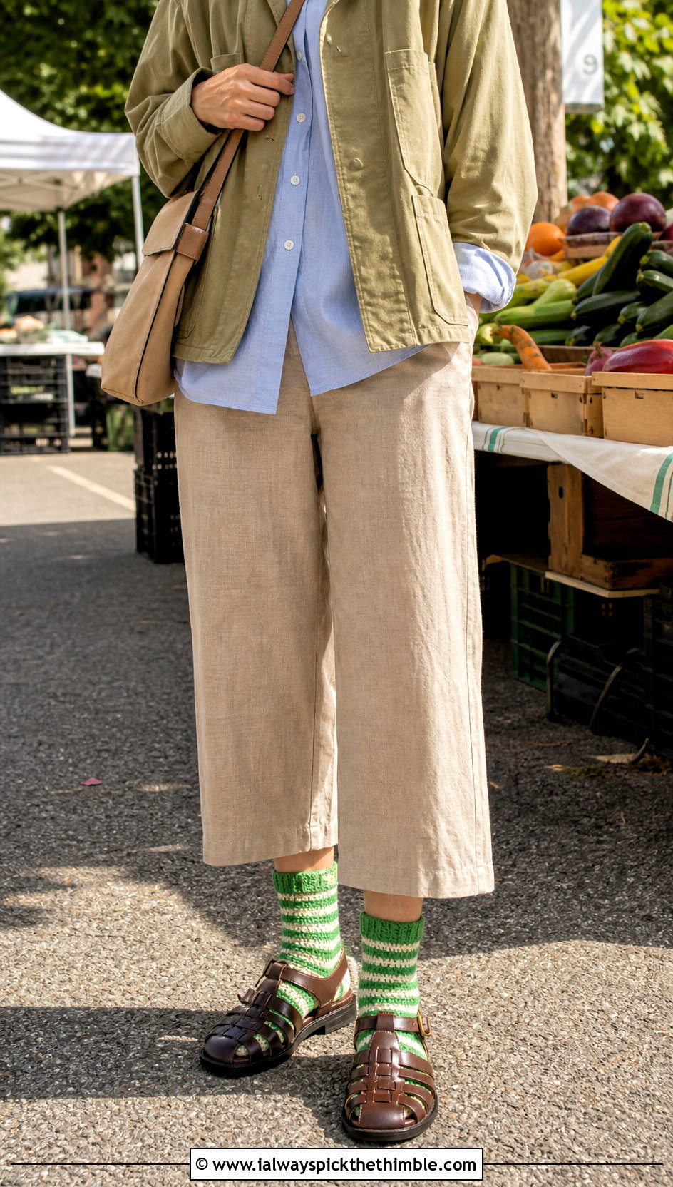 Striped Crew Crochet Flat Socks With Fisherman Sandals And Linen Pants - 20 Crochet Flat Socks outfit ideas