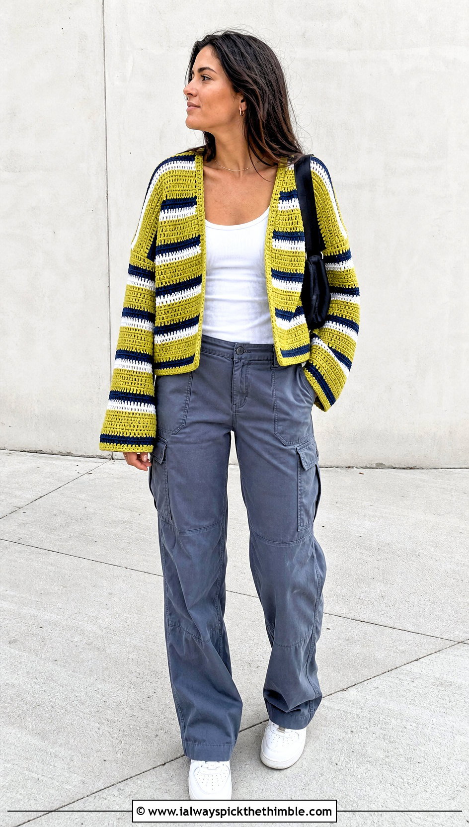Striped Crewneck Crochet Drop Shoulder Sweater With Cargo Pants - 20 crochet drop shoulder sweater outfit ideas