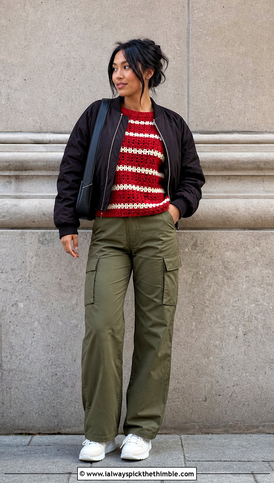 Striped Crewneck Crochet Sweater With Cargo Pants - 20 Valentines Day Crochet Sweater outfit ideas