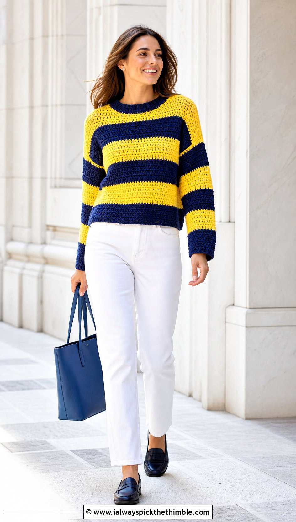 Striped Crewneck Velma Crochet Sweater With White Jeans - 15 Velma Crochet Sweater outfit ideas