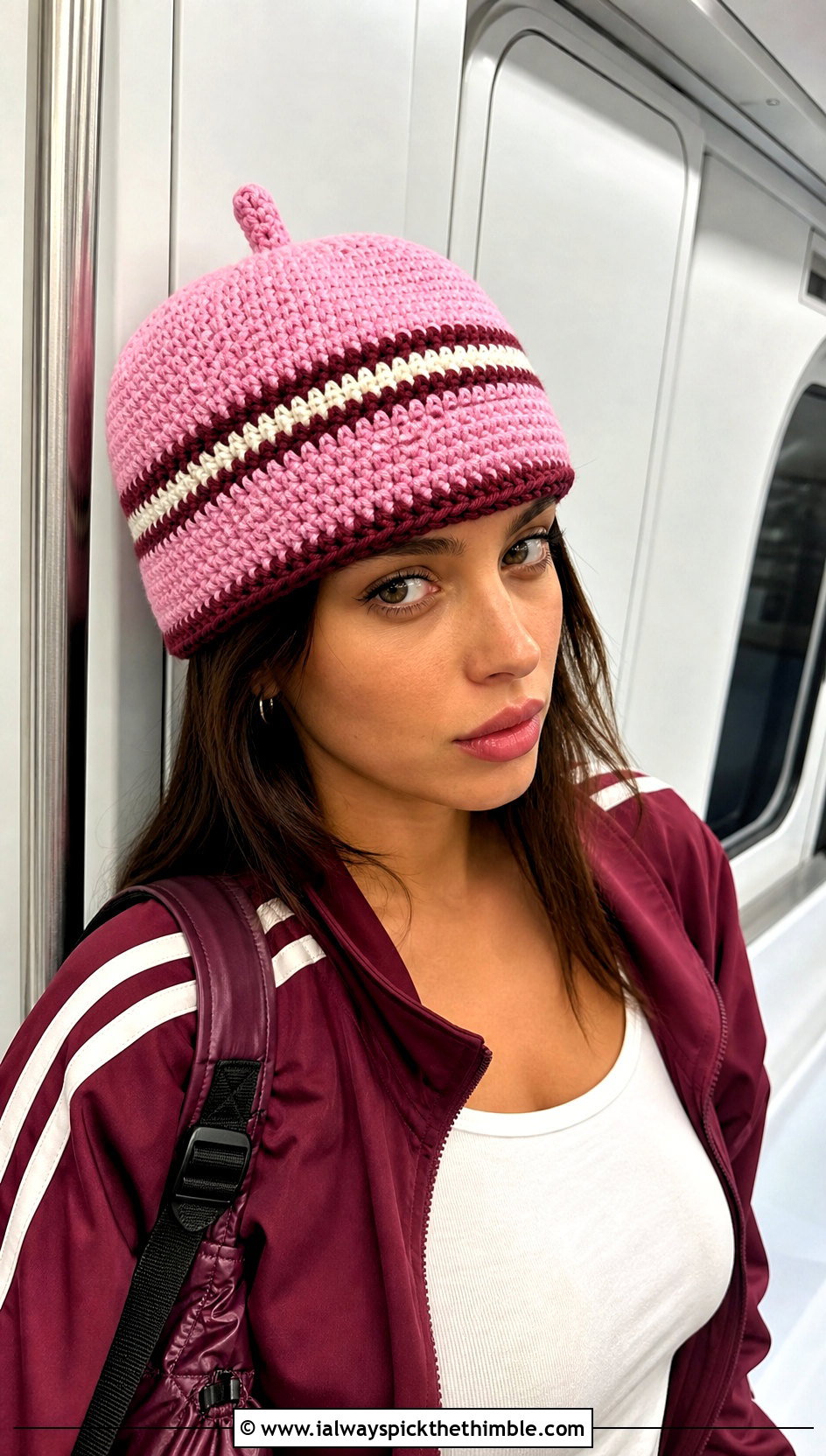 Striped Crochet Acorn Hat With Track Jacket - 20 crochet acorn hat outfit ideas