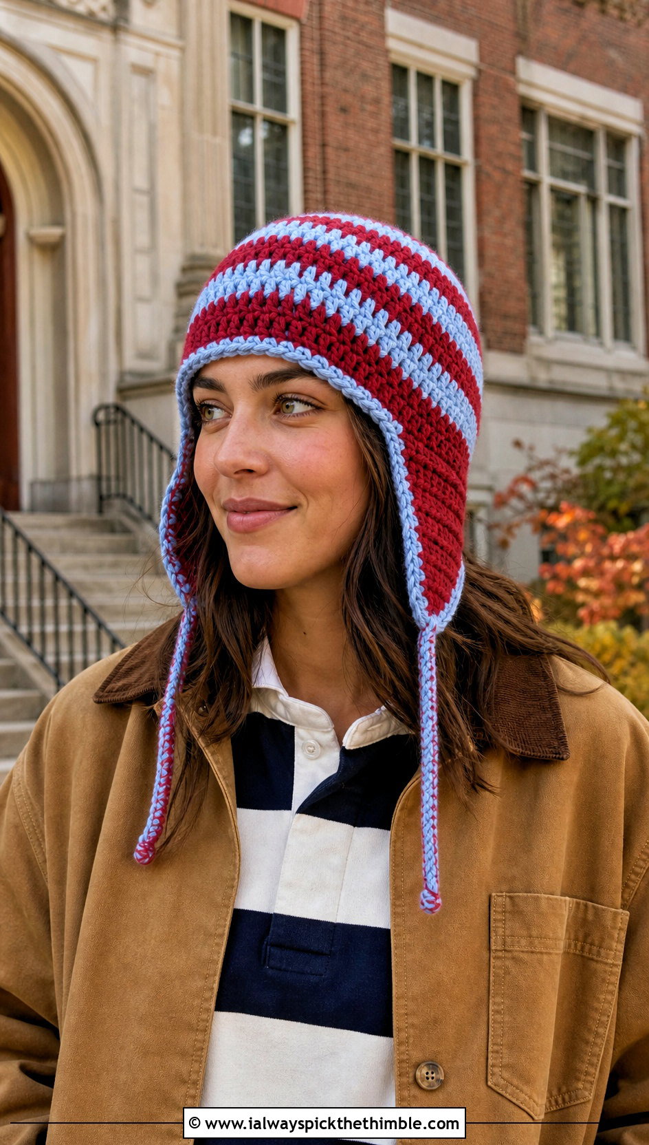 Striped Crochet Aviator Hat With Rugby Shirt - 20 crochet aviator hat outfit ideas
