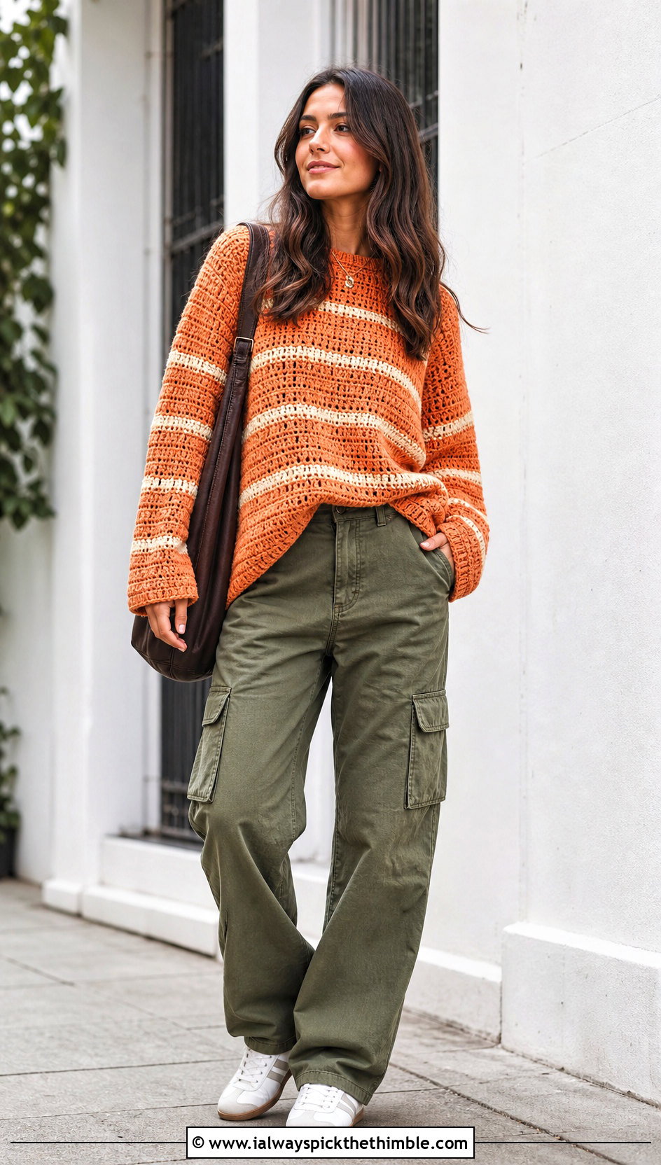 Striped Crochet Baggy Sweater With Cargo Pants - 20 crochet baggy sweater outfit ideas