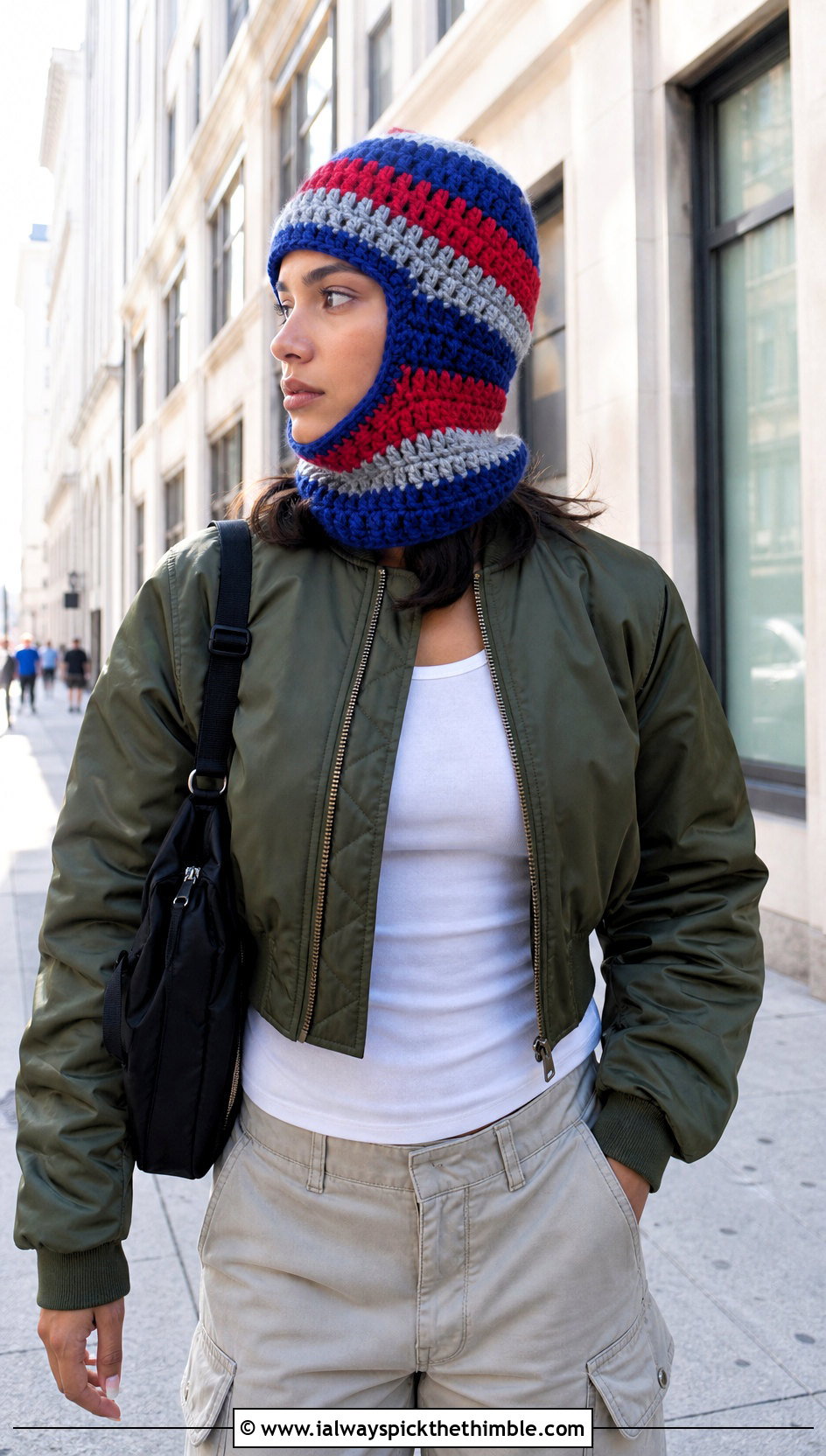 Striped Crochet Balaclava Beanie With Bomber Jacket - 20 crochet balaclava beanie outfit ideas