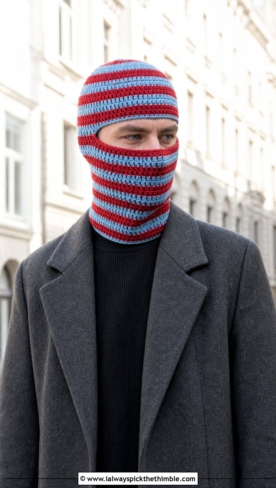 Striped Crochet Balaclava With Minimalist Coat - 20 crochet balaclava for men outfit ideas
