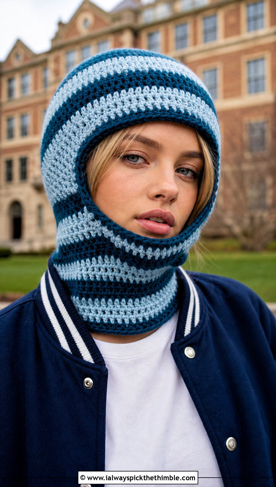 Striped Crochet Balaclava With Varsity Jacket - 25 crochet baclava hat outfit ideas