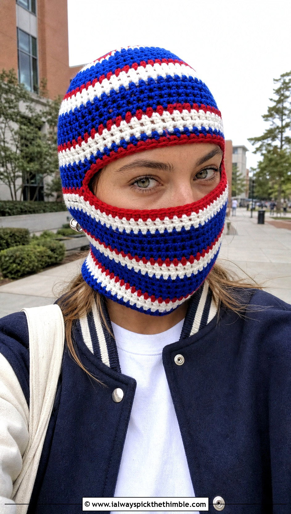 Striped Crochet Balaclava With Varsity Jacket - 20 crochet balaclava hat outfit ideas