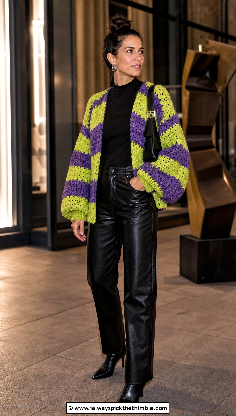 Striped Crochet Balloon Sleeve Cardigan With Leather Pants - 20 crochet balloon sleeve cardigan outfit ideas